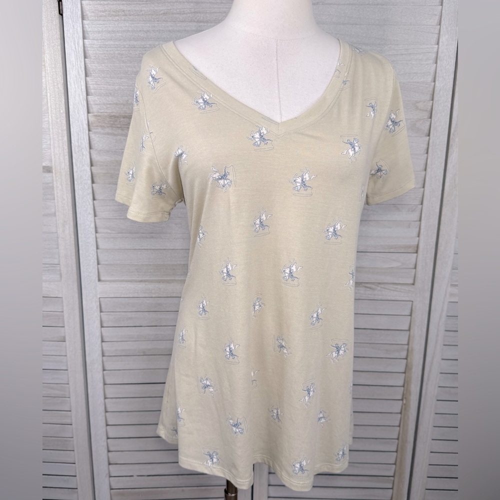 LULAROE Women's Western/Cowboy Print V Neck Tee Beige/Blue-Small